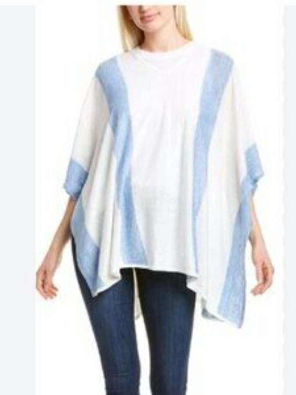 J. McLaughlin Linen Poncho Blue Stripe Cover Up Coastal Beach Resort One Size